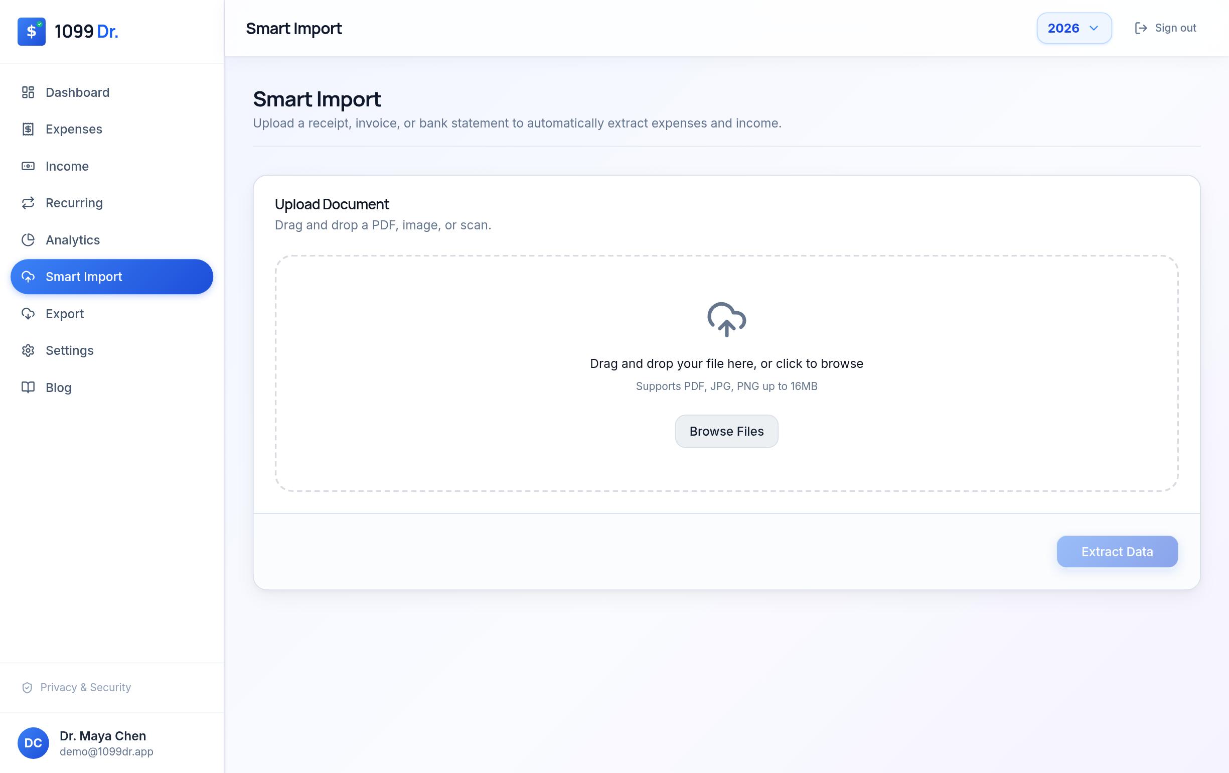 1099 Dr. AI Smart Import screen with a drag-and-drop area to upload receipts, invoices, and statements for automatic data extraction